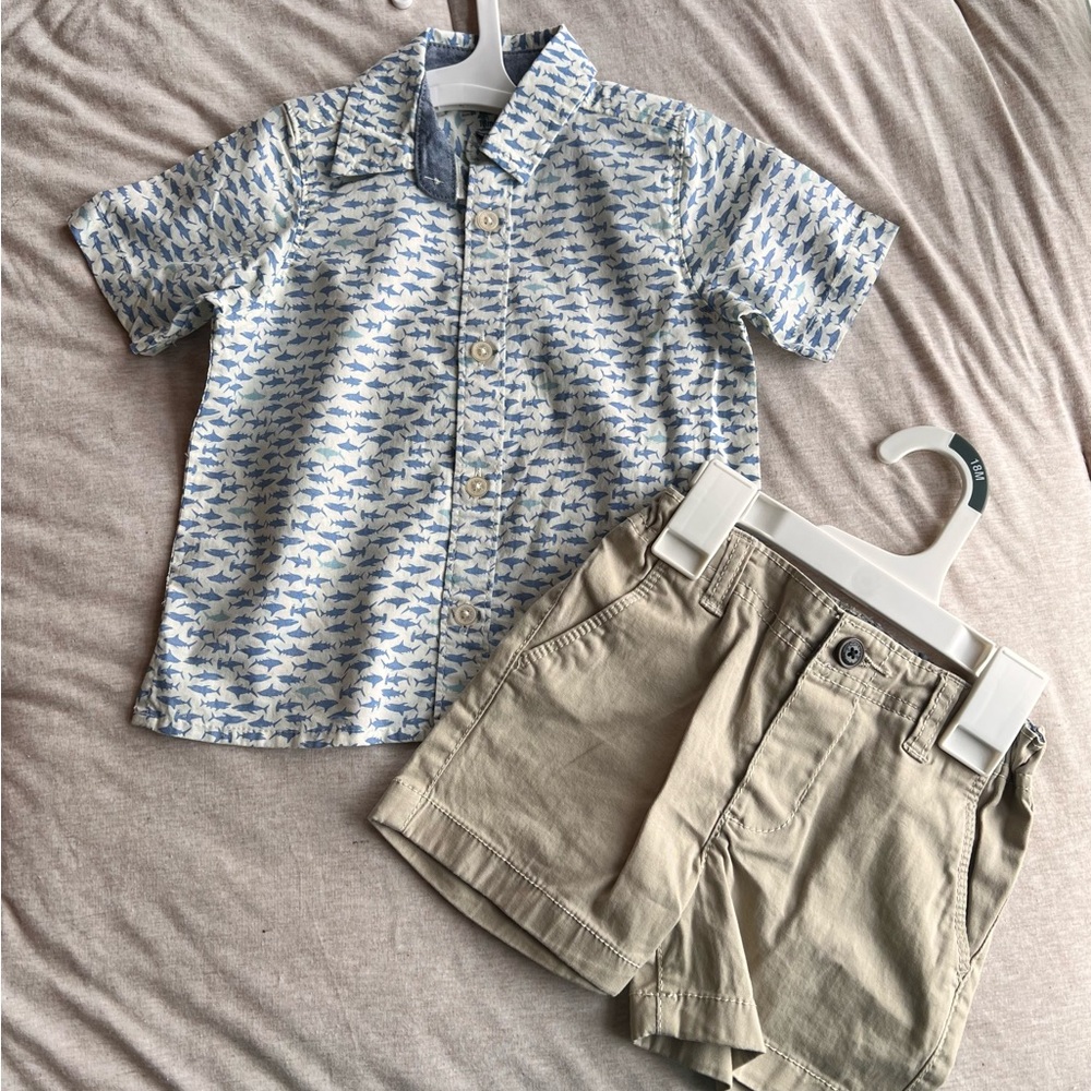 OshKosh B'gosh Blue Shark Pattern Button Down Shirt and Shorts Set